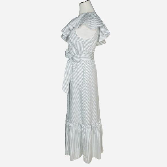 Express Striped One Shoulder Ruffle Tie Waist Poplin Maxi Dress - Picture 5 of 9
